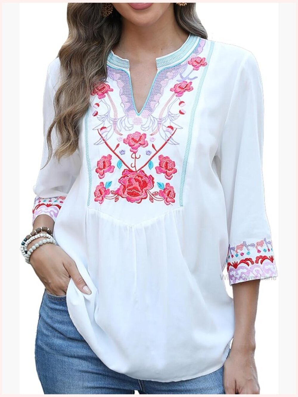 Floral Embroidered Peasant Blouse Bohemian Tunic 3/4 Sleeve V-Neck